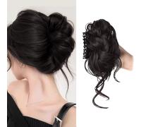 XFSRG Moño Postizo Extensiones Pelo Natural Sintético Postizo Ondulado Pelo con Pinzas de Garra Coleta para Mujeres el Uso Diario(Marrón-negro)