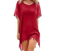 XFSRG Mujer Suelto Vestido de Playa V Cuello Gasa Camisolas y Pareos con Borla Ropa de Baño de Playa Transparente Bikini Cover Up (Rojo)