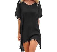 XFSRG Mujer Suelto Vestido de Playa V Cuello Gasa Camisolas y Pareos con Borla Ropa de Baño de Playa Transparente Bikini Cover Up (Negro)