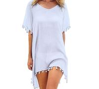 XFSRG Mujer Suelto Vestido de Playa V Cuello Gasa Camisolas y Pareos con Borla Ropa de Baño de Playa Transparente Bikini Cover Up (Blanco)