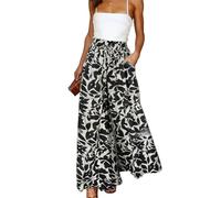XFSRG Pantalones Mujer Verano Floral Cintura Alta Elástica Larga Ligera Boho Pantalon Anchos con Bolsillos para Vacaciones Playa Casual(Negro/XL)