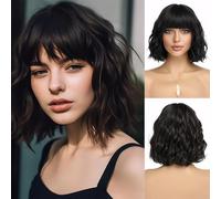 XFSRG Peluca Bob Ondulada Corta para Mujeres 35 cm Peluca Bob Rizado Corta Sintética con Flequillo para Cosplay Halloween Navidad Carnaval Fiesta (Negro)