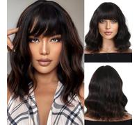 XFSRG Peluca Bob Ondulada Corta para Mujeres 35 cm Peluca Bob Rizado Corta Sintética con Flequillo para Cosplay Halloween Navidad Carnaval Fiesta (Marrón claro)