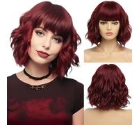 XFSRG Pelucas Mujer Pelo Humano Corto Rizado Negro Peluca Realista Con Flequillo Para Uso Diario Y Eventos Especiales(Rojo vino)