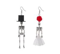 XFSRG Pendientes Halloween Mujer Gothic Pareja Asimétrica de Pendientes de Esqueleto con Sombrero de Copa y Rosa Joyería Divertida para Fiesta y Look de Festival
