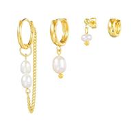 XFSRG Pendientes Mujer de Perlas Naturales y Oro Diseño Moderno con Cadenas y Aros Joyería Elegante para Toda Ocasión (Oro)