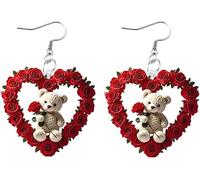 XFSRG Pendientes Mujer Plata con Oso de Peluche y Rosas Rojas, Aros Oro Largos para Fiesta, Bisutería Amarillos, Aretes Grandes para Niña, Gota Elegantes para Mujeres
