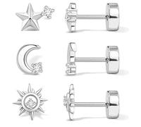 XFSRG Pendientes Mujer Plata Dorados Con Diseño De Estrella Luna Y Sol Pendientes Acero Inoxidable Mujer Para Cualquier Ocasión (Plata)
