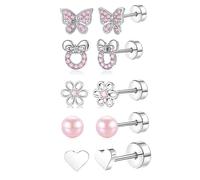 XFSRG Pendientes Niña Plata Hipoalergénicos con Diseño de Mariposa Flor y Corazón para Ocasiones Especiales (Rosa)