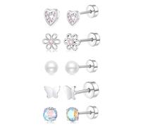 XFSRG Pendientes Niña Plata Hipoalergénicos con Diseño de Mariposa Flor y Corazón para Ocasiones Especiales (Plata)