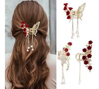 XFSRG Pinzas Pelo Mujer Set de 3 Hair Clips Mariposa con 3D Rosas Perlas Strass y Borlas Accesorios Elegantes para Boda y Fiesta