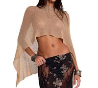 XFSRG Poncho Mujer Asimétrico Tejido Ligero Versátil Capa Estilo Boho Elegante Prenda Verano Transparente Cover Up para Playa Vacaciones(Marrón)