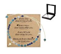 XFSRG Pulsera de Perlas Hecha a Mano con Piedras Naturales y Colgante de Cruz Vintage Pulsera Ajustable para Mujer Estilo Boho Idea de Regalo para el Día a Día y Festivales (Azul)