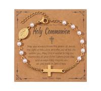 XFSRG Pulsera Mujer Oro con Perlas y Cruz Joyería Religiosa Elegante para Comunión y Eventos Especiales (Dorado)