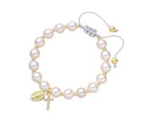 XFSRG Pulsera Mujer Oro con Perlas y Cruz Joyería Religiosa Elegante para Comunión y Eventos Especiales (Perla)