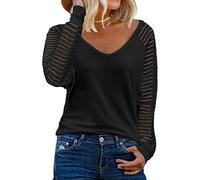 XFSRG Rayas Camiseta Mujer Manga Larga Cuello en V Túnica Casual Camisetas Sueltas Tops T Shirt de Colores Sólidos(Negro/M)