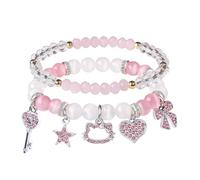 XFSRG Set de 2 Pulseras Elásticas para Mujer con Colgantes de Hello Kitty Estrella Corazón Luna y Lazo Pulsera Perlas de Vidrio Joyería Linda para Mujer (Rosa-4)