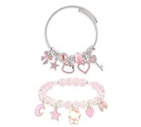 XFSRG Set de 2 Pulseras Mujer Pulsera Ajustable de Acero Inox y Pulsera Elástica Cuentas con Colgantes de Hello Kitty Gato Corazón Luna y Estrella Joyería Linda para Niña (Rosa-1)