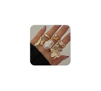 XFSRG Set de 6 Anillos Gruesos para Mujer Anillos Abiertos Vintage Apilables con Diseño de Flores y Perlas Joyería de Verano Antioxidante (Oro)