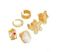 XFSRG Set de 6 Anillos Gruesos para Mujer Anillos Abiertos Vintage Apilables con Diseño de Flores y Perlas Joyería de Verano Antioxidante (Oro)