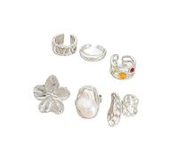 XFSRG Set de 6 Anillos Gruesos para Mujer Anillos Abiertos Vintage Apilables con Diseño de Flores y Perlas Joyería de Verano Antioxidante (Plata)
