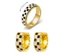XFSRG Set de Joyería Tablero de Ajedrez para Mujer Anillo de Acero Inoxidable Negro y Blanco y Pendientes Huggie Hipoalergénicos para Uso Diario Fiestas o Regalo (Oro-1)