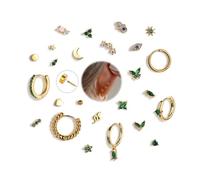 XFSRG Set Pendientes Mujer Oro Pack de Aros y Studs con Estrella, Luna, Corazón, Mariposa Circonitas Verdes, Joyería Moderna para Looks Apilados, Fiesta Uso Diario