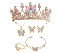 XFSRG Tiara Mujer Mariposas Perlas Corona Elegantes con Juego de Pendientes Anillos Collares Pulseras para Bodas Aniversarios y Cumpleaños (Rosa)