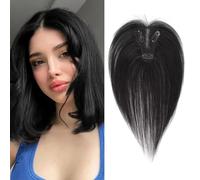 XFSRG Topper Cabello Humano Mujer Pelo Natural con Clip Añadir Volumen al Cabello para Adelgazamiento de Cabello Esponjoso Liso Topper sin Flequillo（Negro）