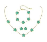 XFSRG TréBol de Cuatro conjunto de Joyas para Mujer 18k Oro Plateado Moda Conjunto Accesorios Collar Pendientes Pulsera Juego para Madres Novias（Verde）