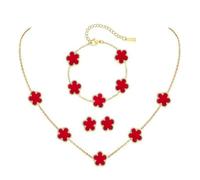 XFSRG TréBol de Cuatro conjunto de Joyas para Mujer 18k Oro Plateado Moda Conjunto Accesorios Collar Pendientes Pulsera Juego para Madres Novias（Rojo）