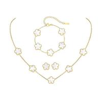 XFSRG TréBol de Cuatro conjunto de Joyas para Mujer 18k Oro Plateado Moda Conjunto Accesorios Collar Pendientes Pulsera Juego para Madres Novias（Blanco）