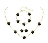 XFSRG TréBol de Cuatro conjunto de Joyas para Mujer 18k Oro Plateado Moda Conjunto Accesorios Collar Pendientes Pulsera Juego para Madres Novias（Negro）
