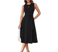 XFSRG Vestido Mujer Cuello Redondo sin Mangas Volante Dobladillo Corte en A Elegante Midivestido con Bolsillos y Cintura para Fiesta Noche Coctel(Negro/XL)