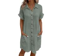 XFSRG Vestido Mujer de Lino Algodón Verano Manga Corta Cuello en V Elegant Botones Loose Vestidos Vacaciones con Bolsillos(Verde/XL)
