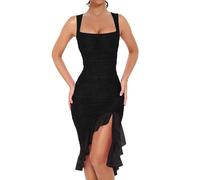 XFSRG Vestido Mujer Elegant sin Mangas Volante Dobladillo Verano Rajado Cuello Cuadrado Ajustado Midivestido para Fiesta Noche Coctel(Negro/XL)