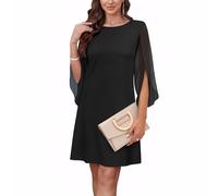 XFSRG Vestido Mujer Elegante 3/4 Manga Gasa Casual Cuello Redondo Bodycon Midivestido para Fiesta Noche Coctel(Negro/M)