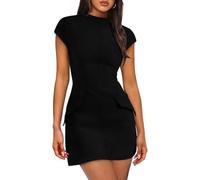 XFSRG Vestido Mujer Elegante Verano Manga Corta Bodycon con Cuello Redondo Minivestido para Fiesta Noche Coctel(Negro/S)