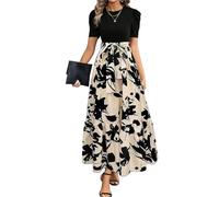 XFSRG Vestido Mujer Florales de Manga Corta Cuello Redondo Elegante Verano Volante Dobladillo A Línea Largos Vestidos para Casual Noche Fiesta(Beige/M)