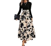 XFSRG Vestido Mujer Florales de Manga Largas Cuello Redondo Elegante Volante Dobladillo A Línea Largos Vestidos para Casual Noche Fiesta(Beige/Manga Larga-L)