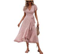 XFSRG Vestido Mujer Florales Manga Cortas Cuello V Elegante Bohemio Verano Casual Largos Vestidos de Playa Noche Fiesta(Rosa/L)