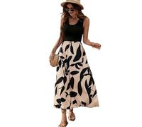 XFSRG Vestido Mujer Florales sin Manga Cuello Redondo Elegante Verano Volante Dobladillo Largos Vestidos para Casual Noche Fiesta(Beige/L)