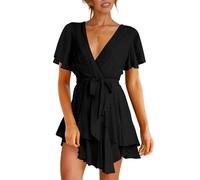 XFSRG Vestido Mujer Manga Corta Cuello en V Elegante Volante Dobladillo Verano Minivestido para Fiesta Noche Coctel(Negro/XL)