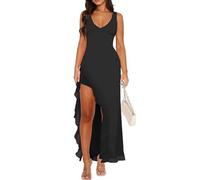 XFSRG Vestido Mujer Maxi sin Manga con Cuello V Rajado Verano Elegante Volante Dobladillo Maxivestido para Cóctel Fiesta Noche(Negro/S)
