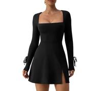 XFSRG Vestido Mujer Sexy Mangas Largo Ajustado Abertura Lateral Cuello en Cuadrado Elegante Lápiz Mini Vestidos para Fiesta Coctel Noche(Negro/XL)
