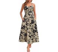 XFSRG Vestido Mujer sin Manga Florales de Verano Tirantes Delgados Volante Dobladillo Bohemio Vestidos con Bolsillos para Casual Noche Fiesta(Caqui/XL)
