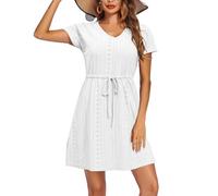 XFSRG Vestido Playa Mujer Cuello V Mangas Corta Bikini Cover Up Elegante Casual Verano Beachwear con Cintura Elástica(Blanco/L)