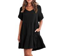 XFSRG Vestidos Verano Mujer Suelto Cuello V Volantes Vestidos Color Sólido Dress Casual Manga Corta con Bolsillos (Negro XL)