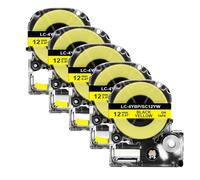 XGdEKA 2 5pcs SS12KW ST12KW Cinta de Etiqueta de 12 mm Compatible con LK-4WBN SC12YW SC12KZ para el Fabricante de Etiquetas LW-300 400(5PK Black on Yellow)