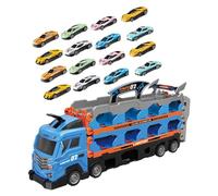 Xgdsnly 16 Piezas Transportador de Camiones Juguetes con Almacenamiento Plegable Porta Autos Lanzamiento Función de Música Adecuado para Regalo Enseñanza Inte, Azul con 16 Coches